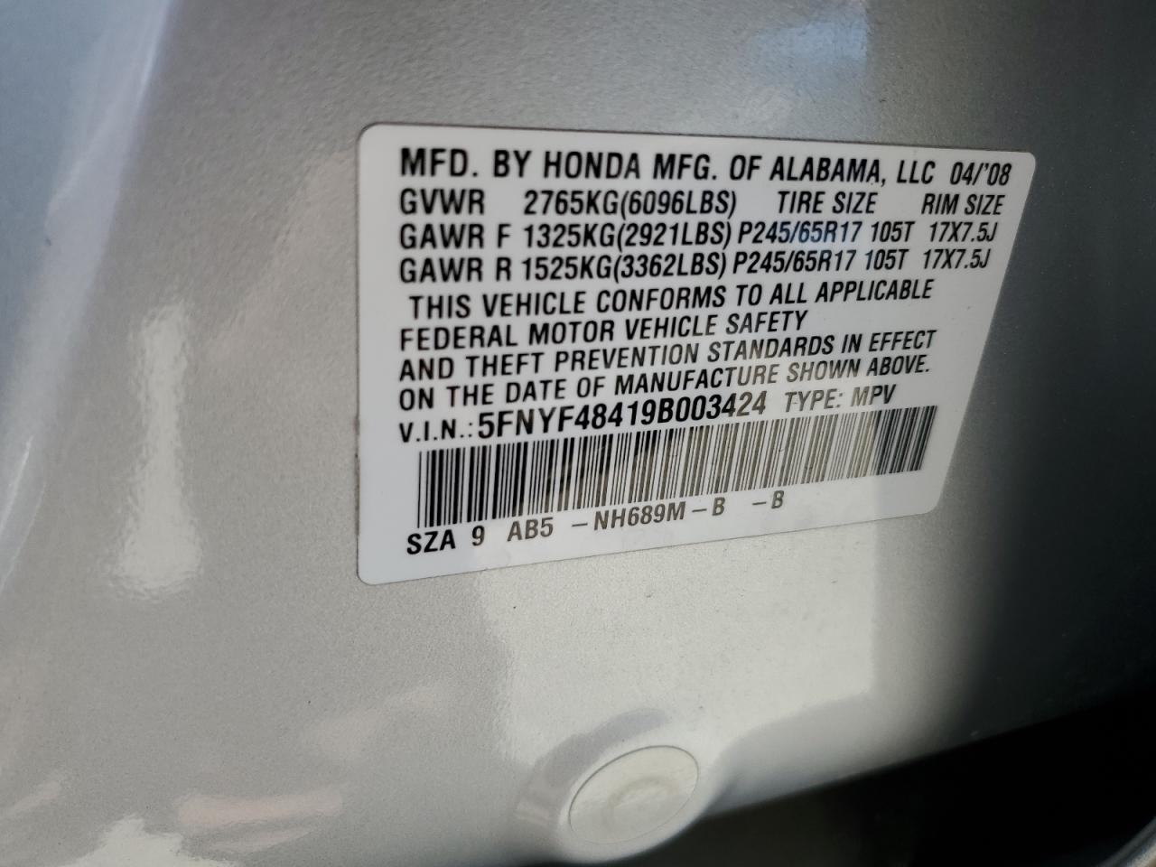 5FNYF48419B003424 2009 Honda Pilot Ex