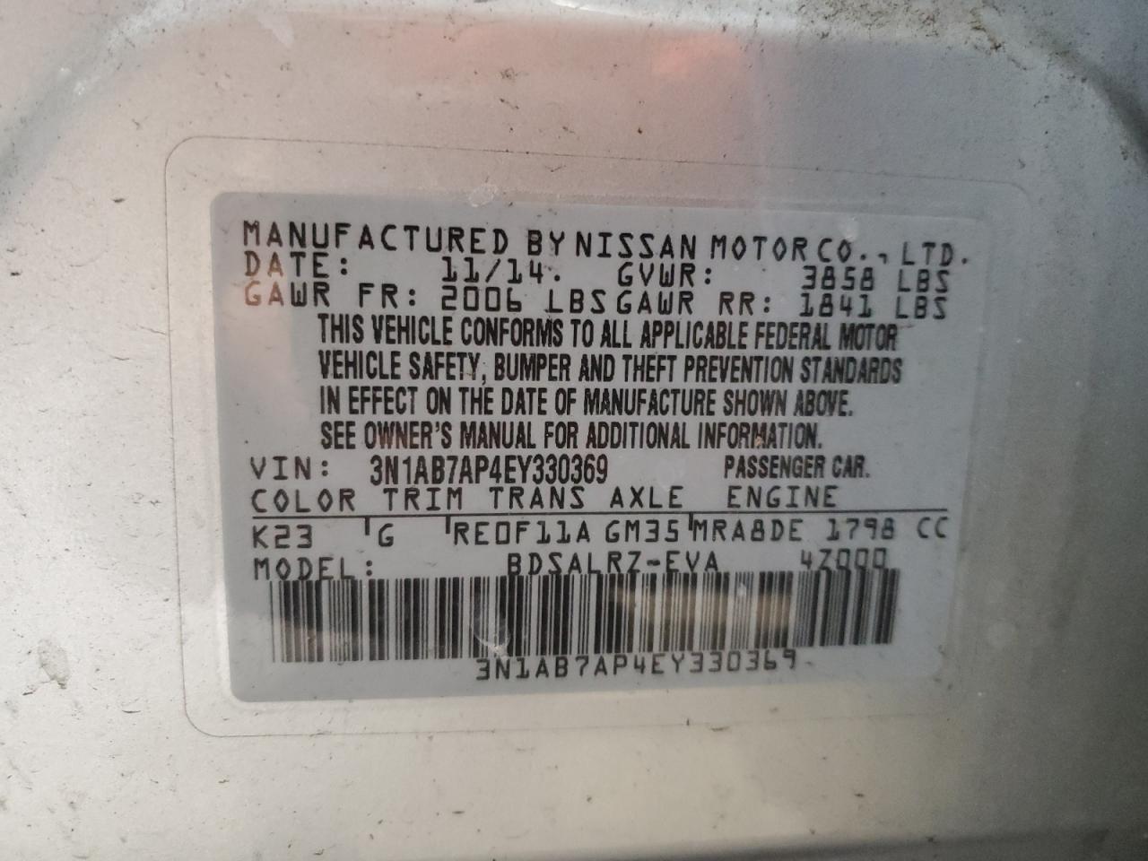 3N1AB7AP4EY330369 2014 Nissan Sentra S