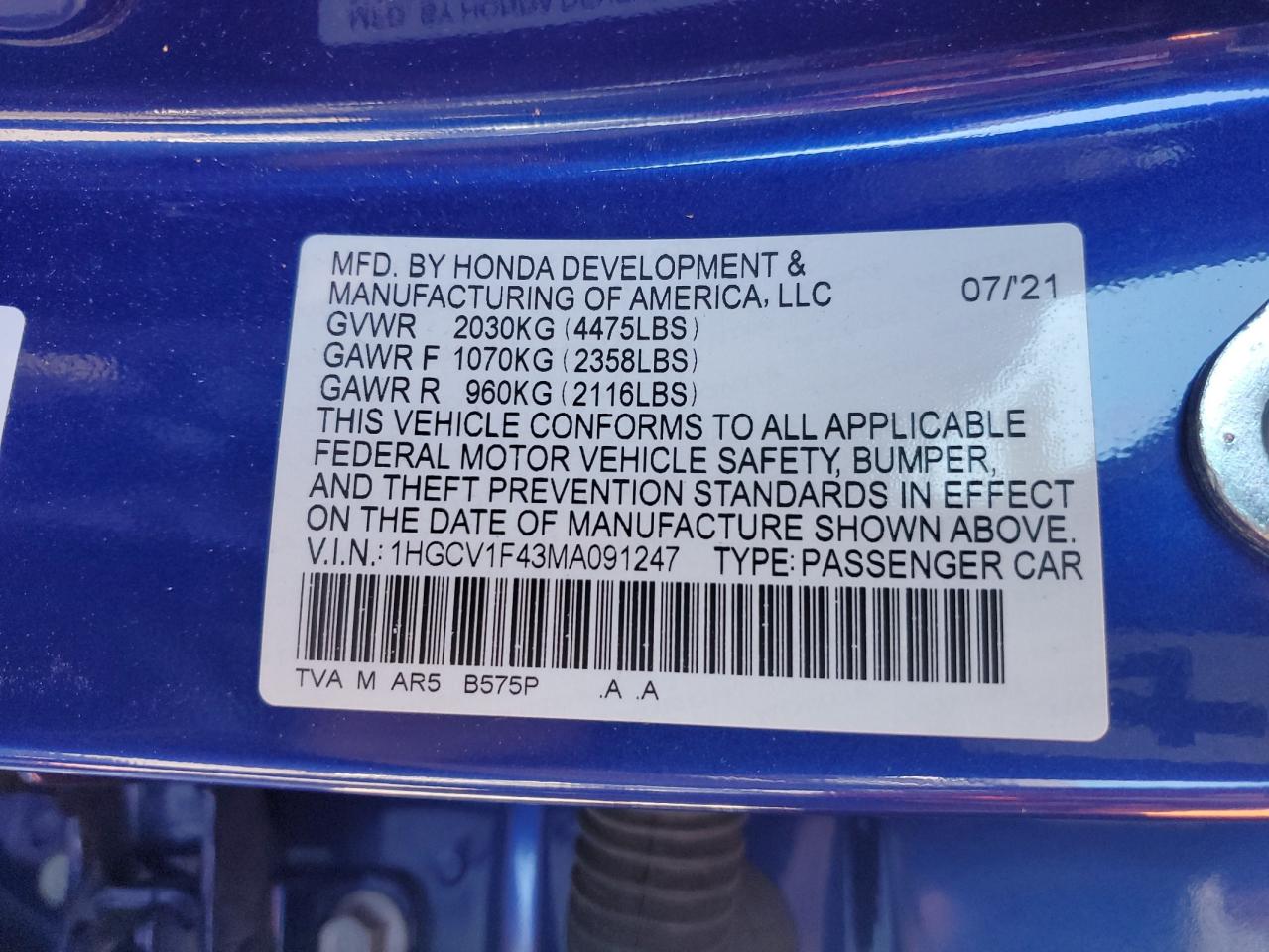 1HGCV1F43MA091247 2021 Honda Accord Sport Se