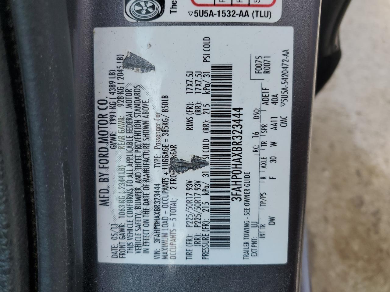 3FAHP0HAXBR323444 2011 Ford Fusion Se