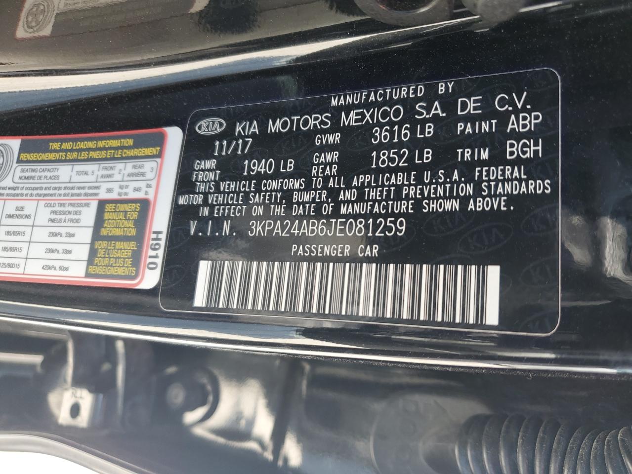 3KPA24AB6JE081259 2018 Kia Rio Lx