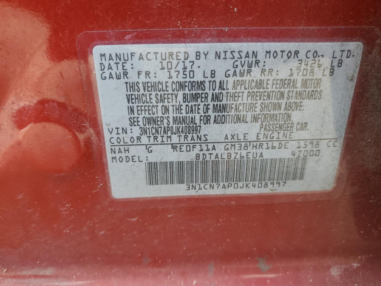 3N1CN7AP0JK408997 2018 Nissan Versa S