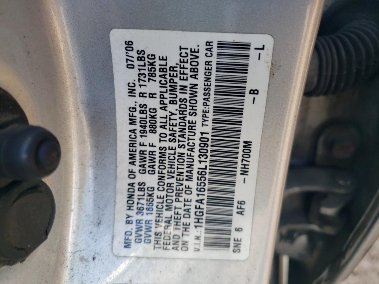 1HGFA16556L130901 2006 Honda Civic Lx