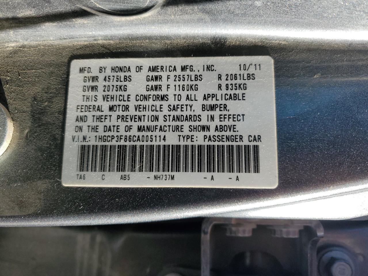 1HGCP3F86CA005114 2012 Honda Accord Exl