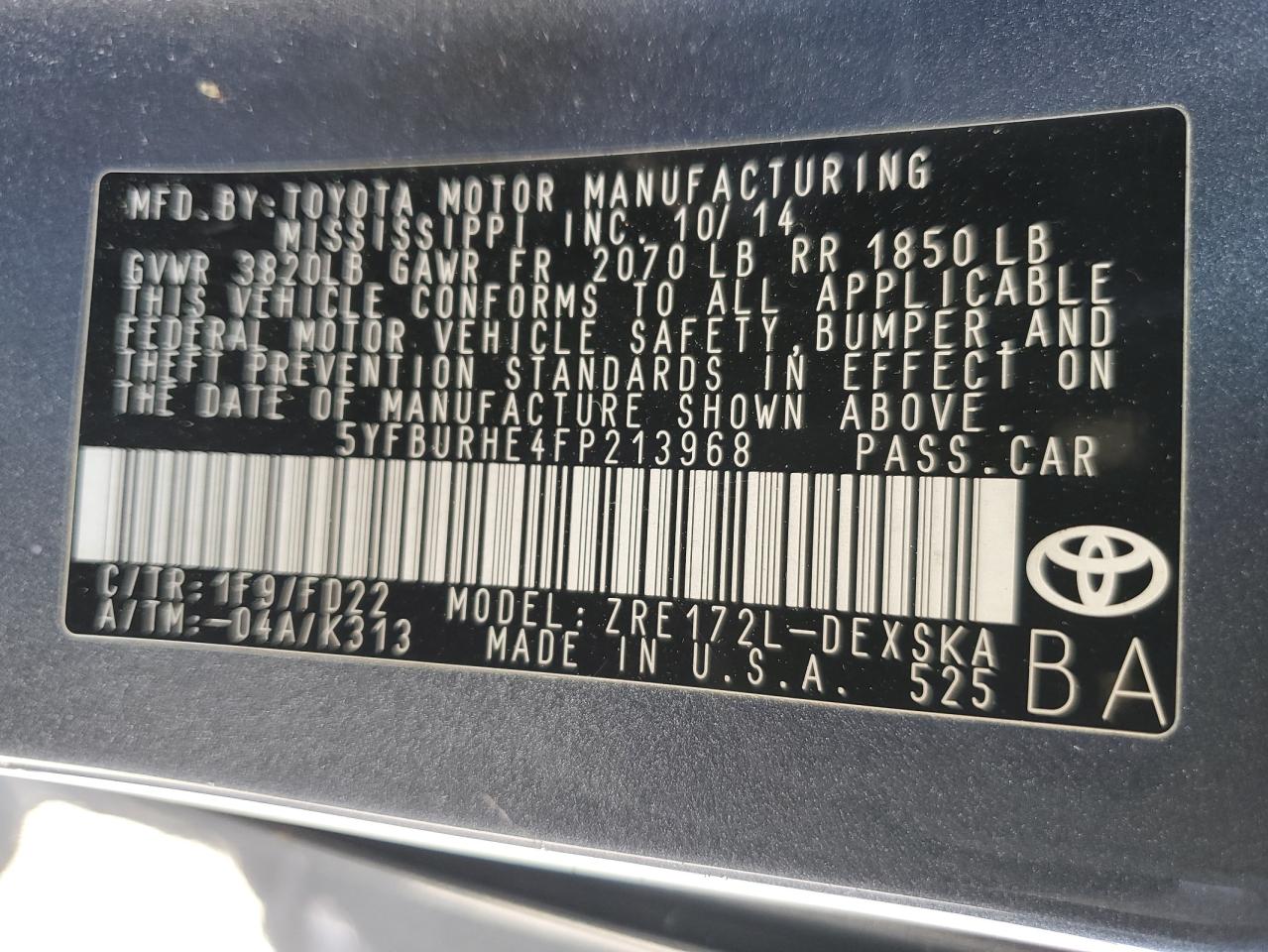 5YFBURHE4FP213968 2015 Toyota Corolla L