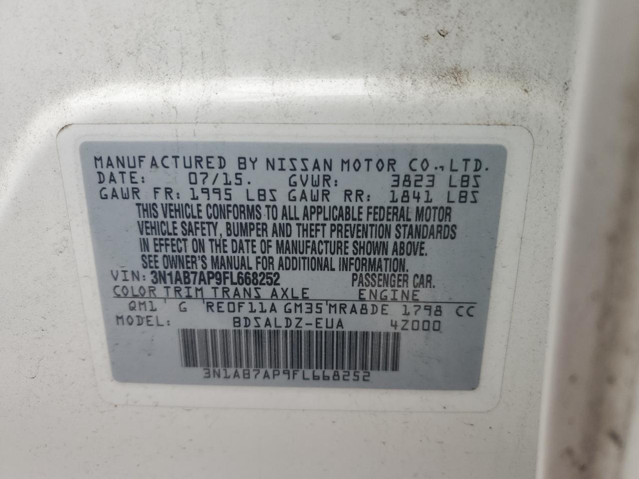 3N1AB7AP9FL668252 2015 Nissan Sentra S