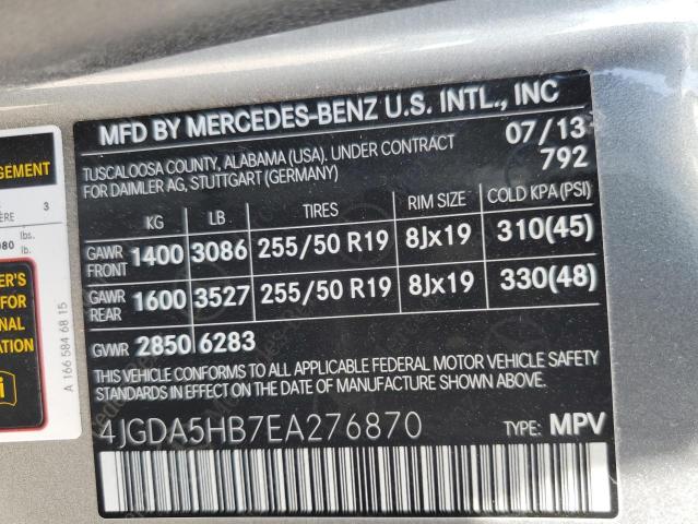 2014 Mercedes-Benz Ml 350 4Matic VIN: 4JGDA5HB7EA276870 Lot: 55337914