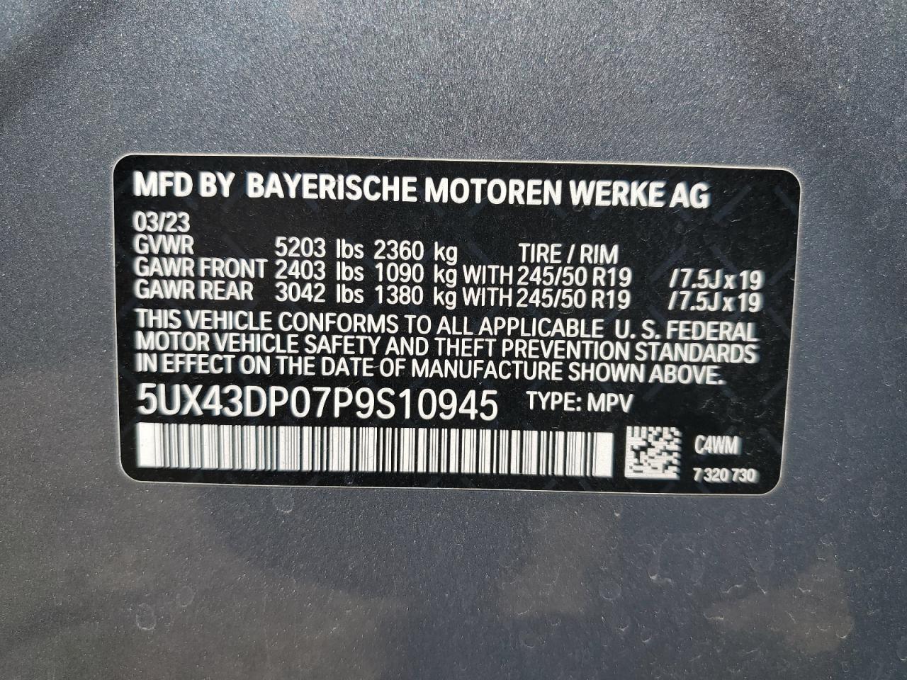 5UX43DP07P9S10945 2023 BMW X3 Sdrive30I