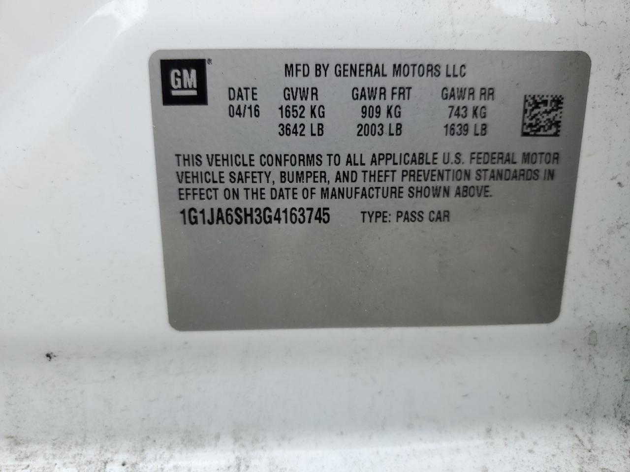 1G1JA6SH3G4163745 2016 Chevrolet Sonic Ls