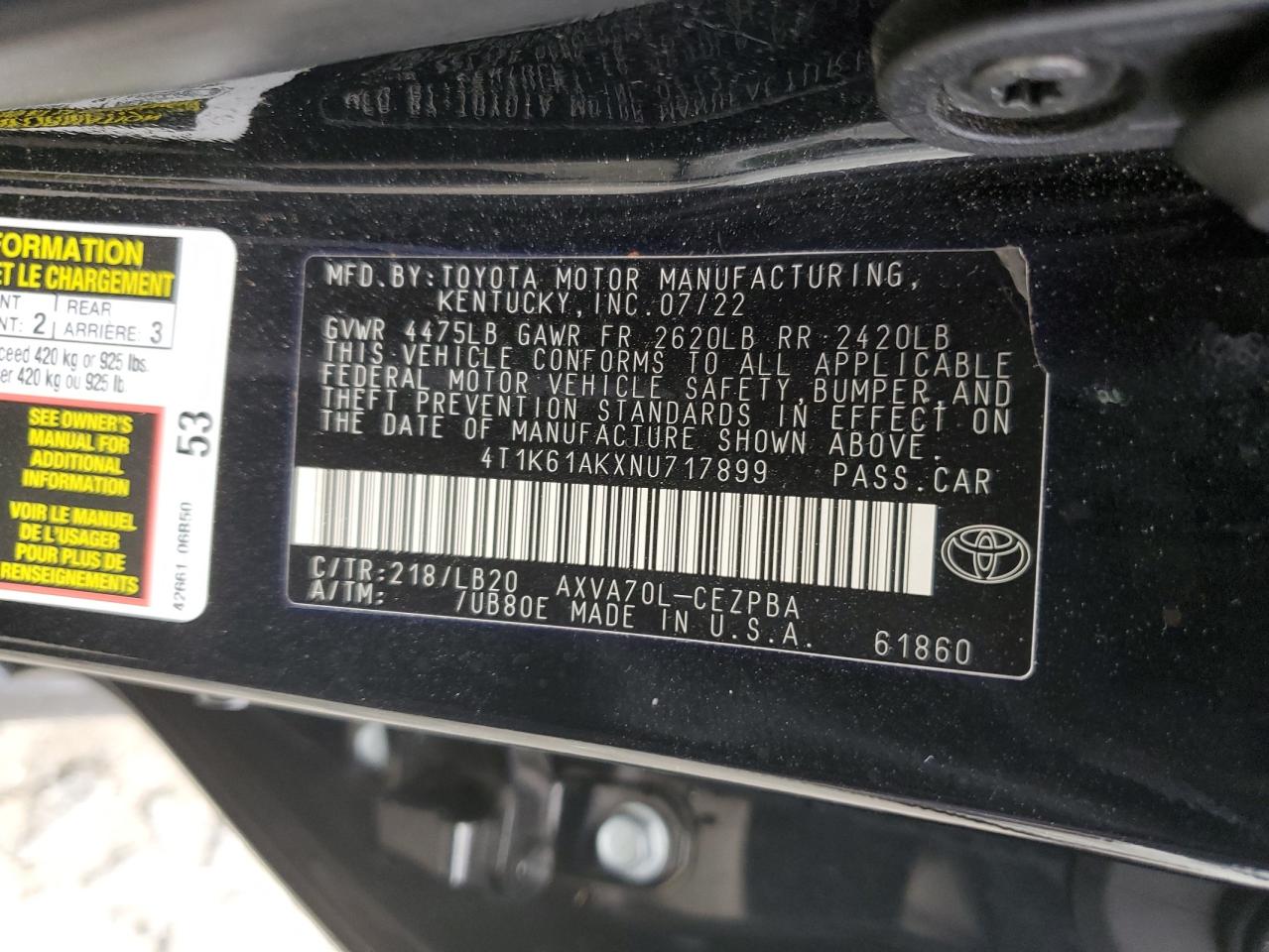 4T1K61AKXNU717899 TOYOTA CAMRY 2022