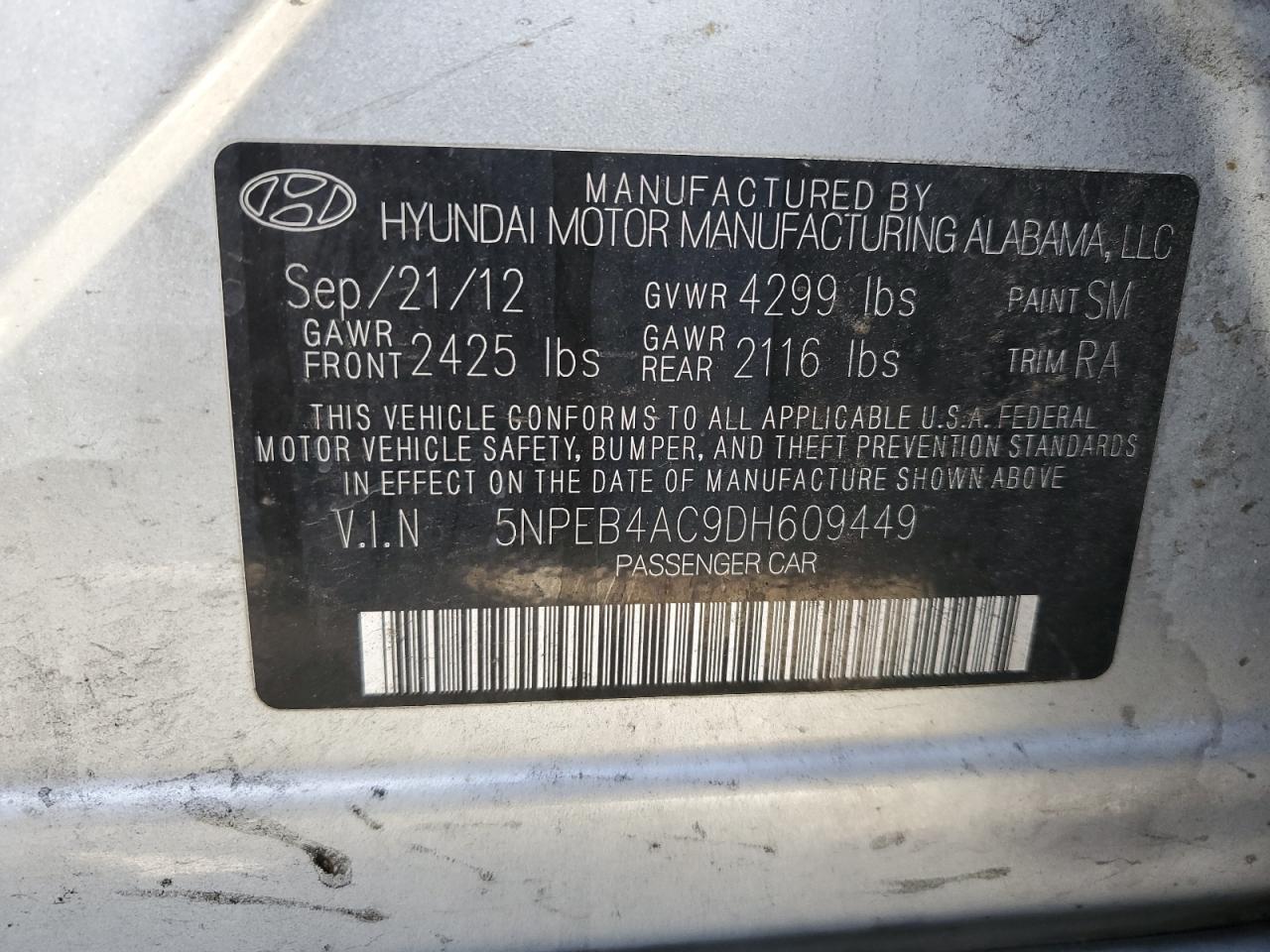 5NPEB4AC9DH609449 2013 Hyundai Sonata Gls