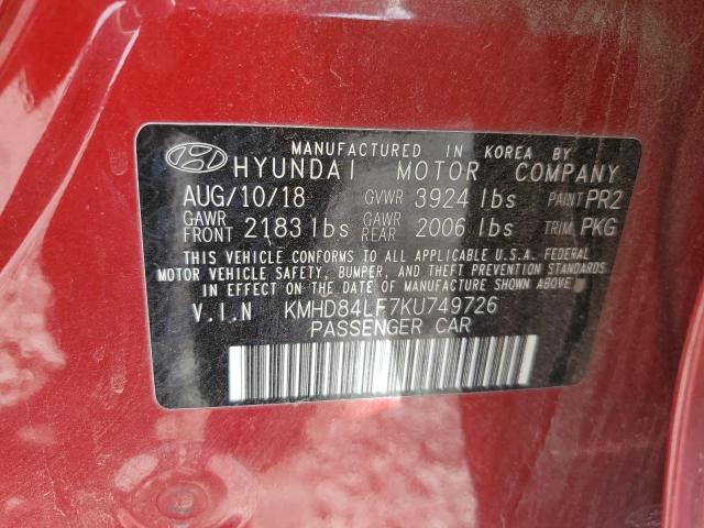 2019 Hyundai Elantra Sel VIN: KMHD84LF7KU749726 Lot: 55900314