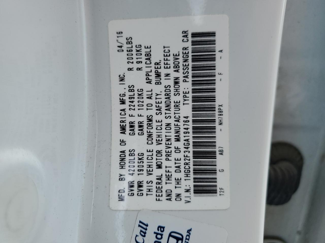 1HGCR2F34GA194764 2016 Honda Accord Lx