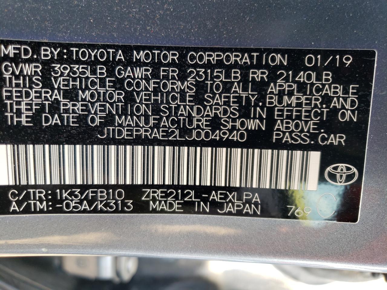 JTDEPRAE2LJ004940 2020 Toyota Corolla Le