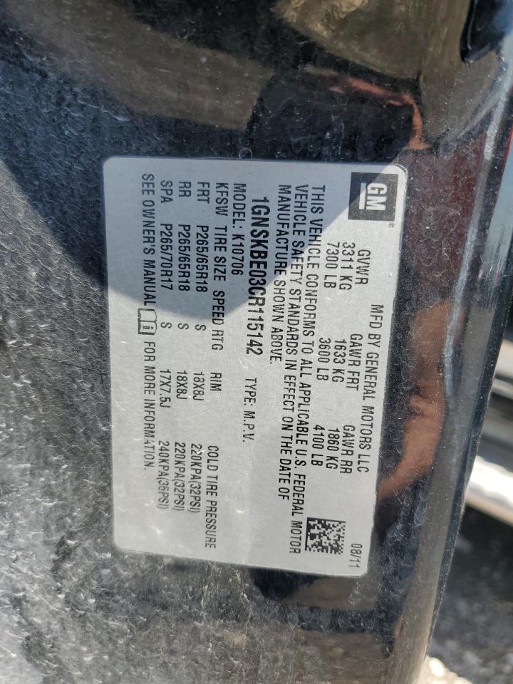 1GNSKBE03CR115142 2012 Chevrolet Tahoe K1500 Lt