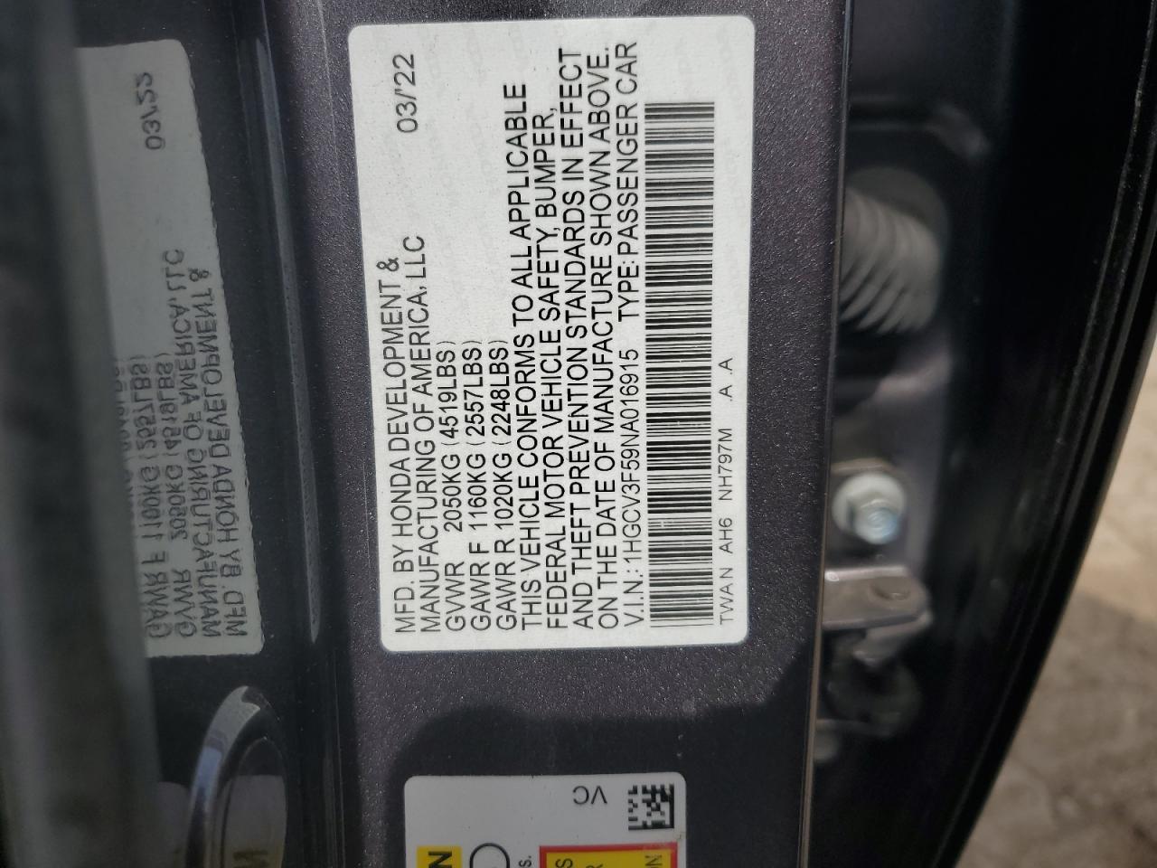 1HGCV3F59NA016915 2022 Honda Accord Hybrid Exl