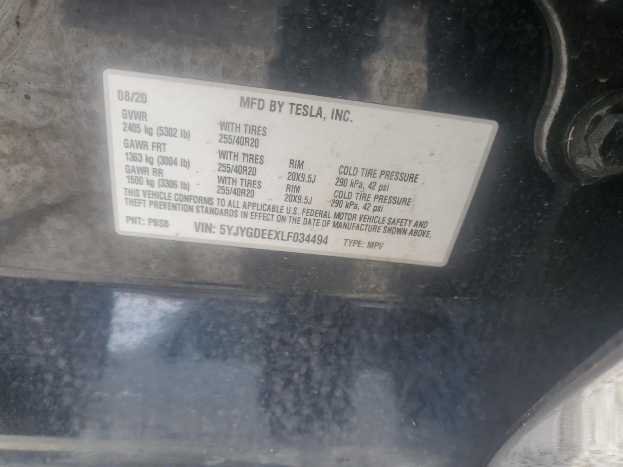 5YJYGDEEXLF034494 2020 Tesla Model Y