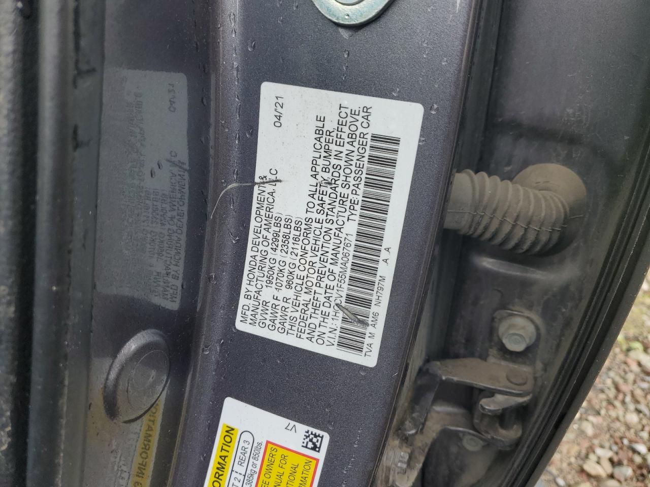 1HGCV1F55MA067671 2021 Honda Accord Exl