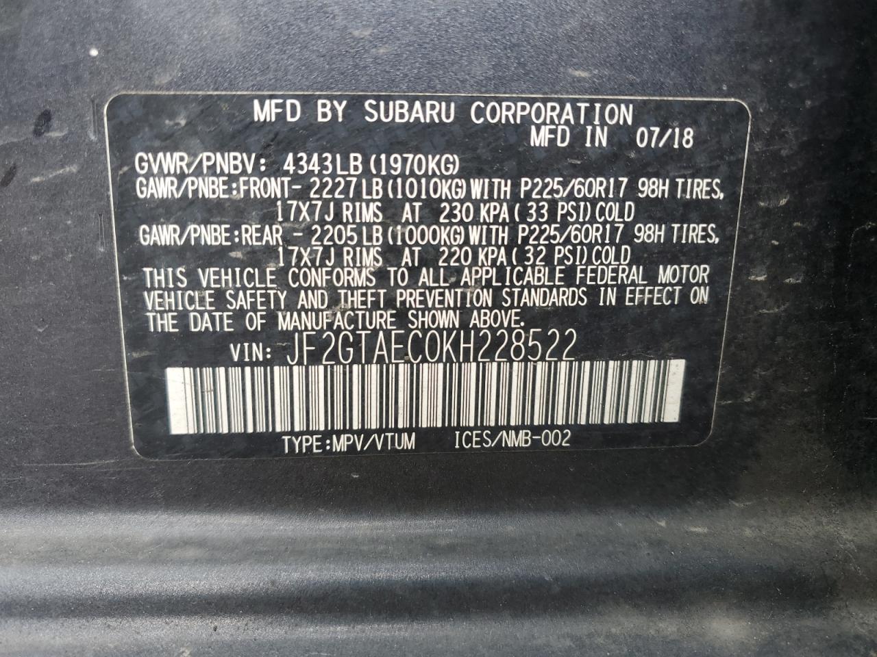 JF2GTAEC0KH228522 2019 Subaru Crosstrek Premium