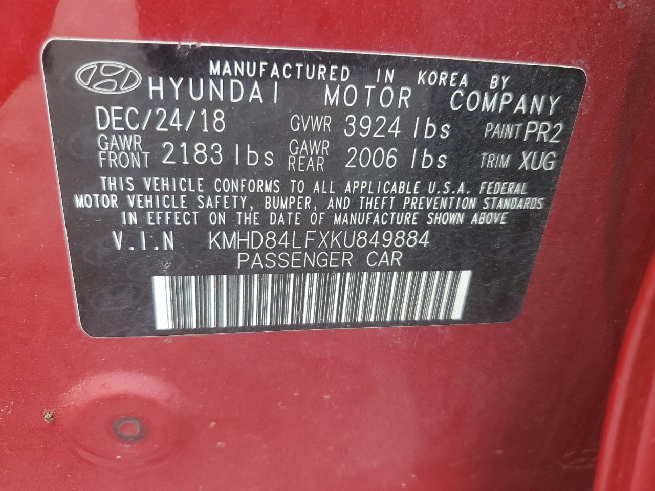 KMHD84LFXKU849884 2019 Hyundai Elantra Sel