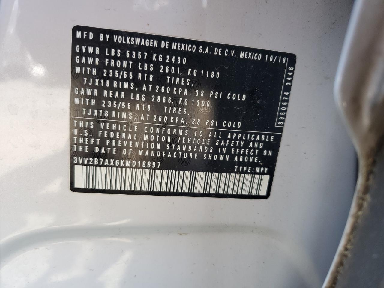 3VV2B7AX6KM018897 2019 Volkswagen Tiguan Se