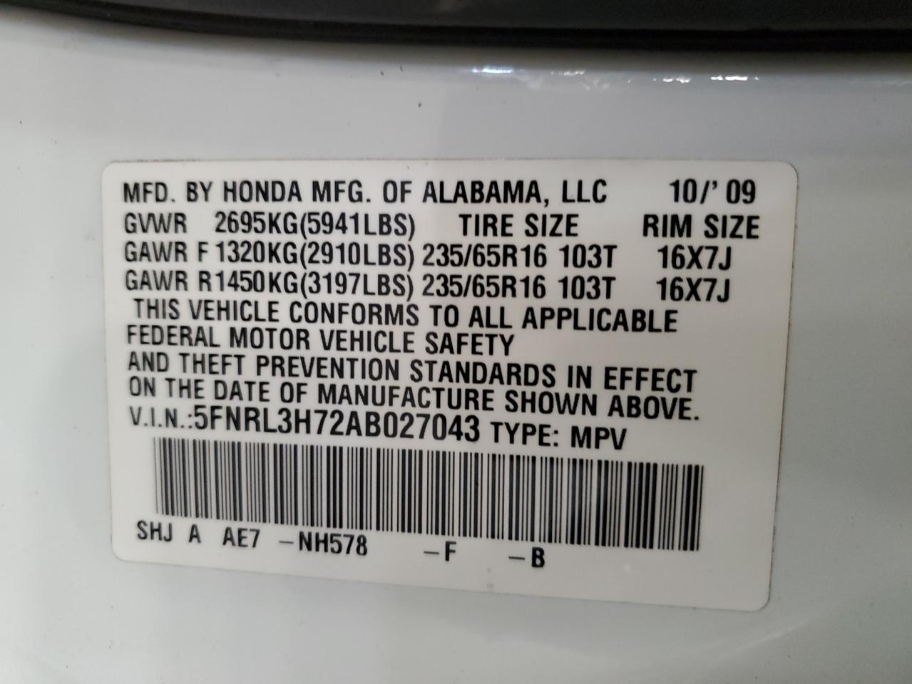 5FNRL3H72AB027043 2010 Honda Odyssey Exl
