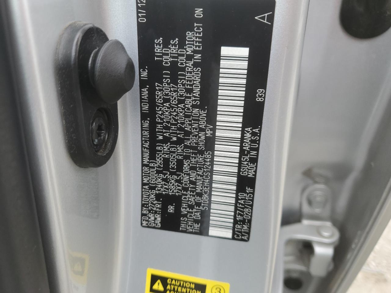 5TDBK3EH4CS124485 2012 Toyota Highlander Base