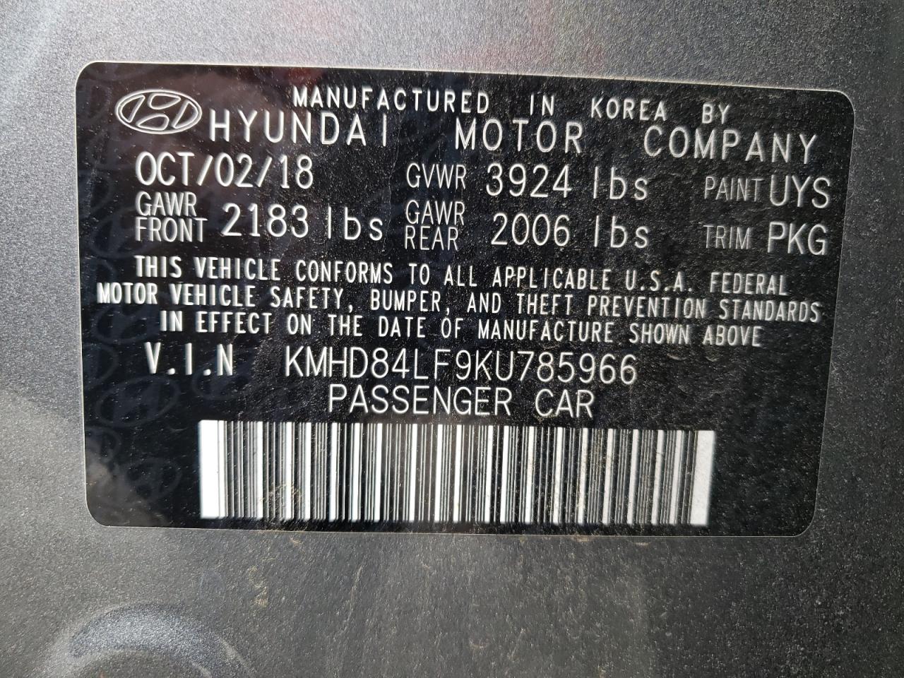 KMHD84LF9KU785966 2019 Hyundai Elantra Sel