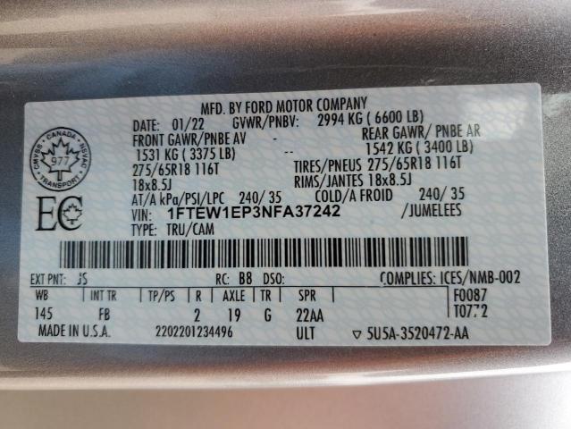 2022 Ford F150 Supercrew VIN: 1FTEW1EP3NFA37242 Lot: 54667534