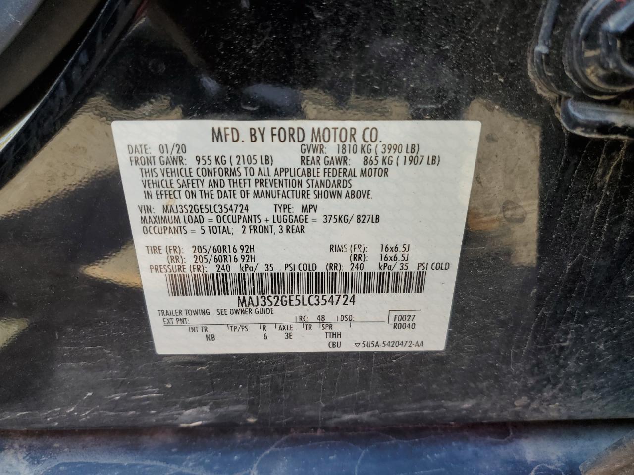 MAJ3S2GE5LC354724 2020 Ford Ecosport Se