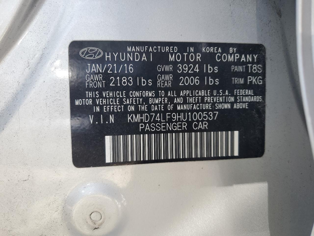 KMHD74LF9HU100537 2017 Hyundai Elantra Se