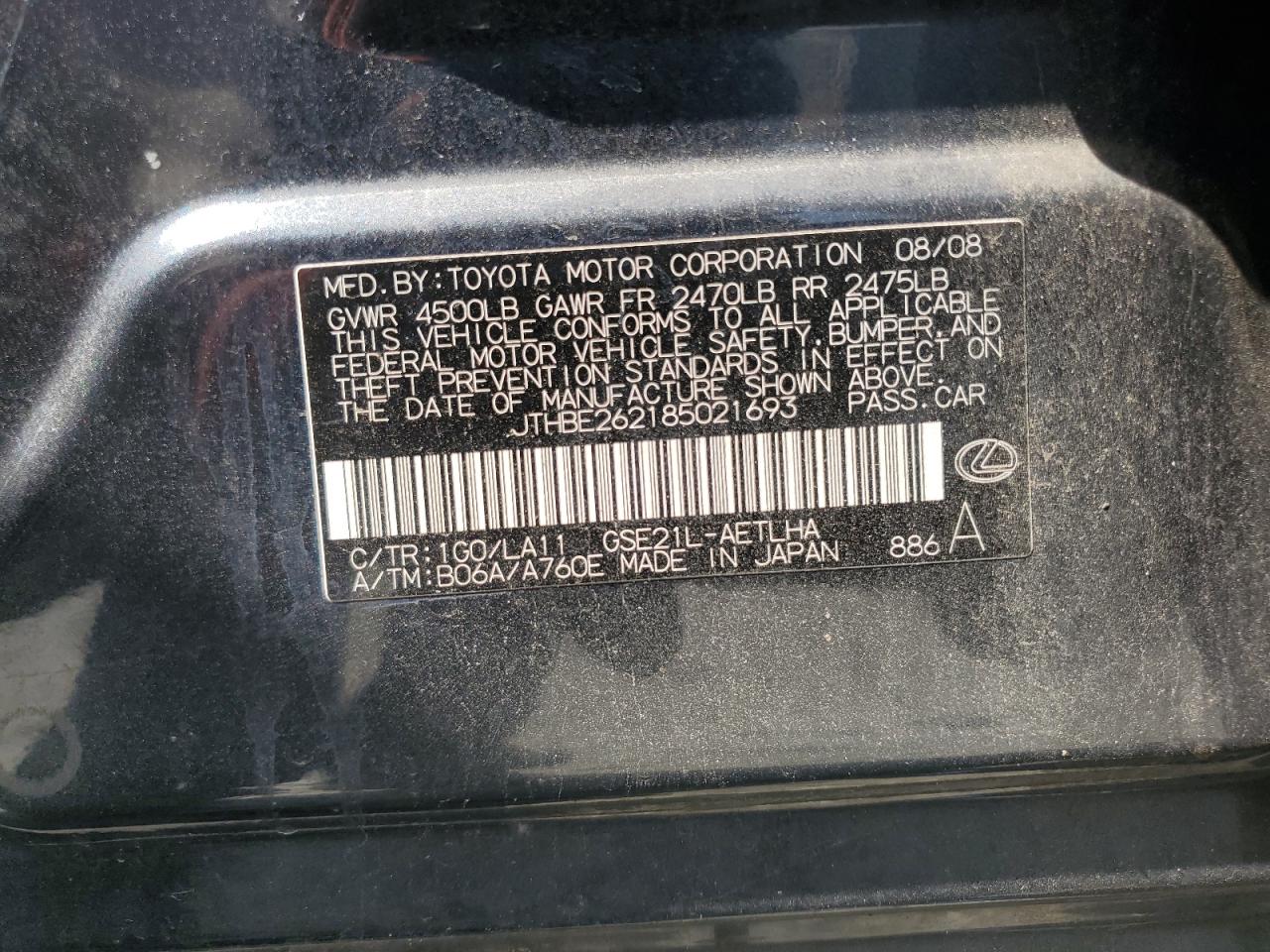 JTHBE262185021693 2008 Lexus Is 350