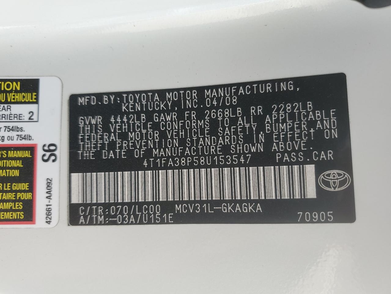 4T1FA38P58U153547 2008 Toyota Camry Solara Se