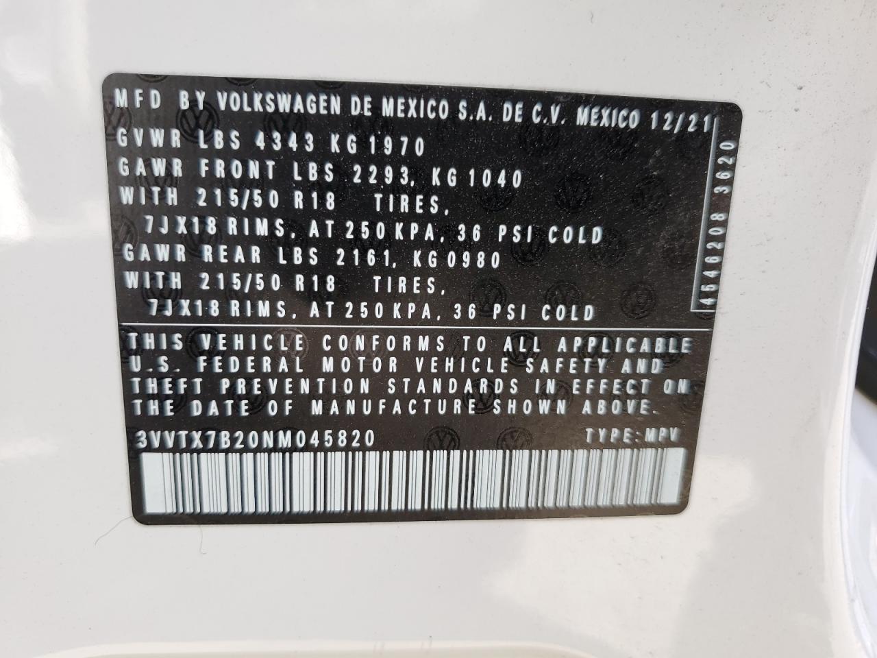 3VVTX7B20NM045820 2022 Volkswagen Taos Se