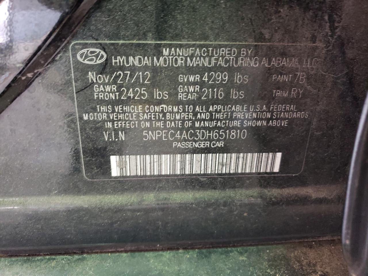 5NPEC4AC3DH651810 2013 Hyundai Sonata Se