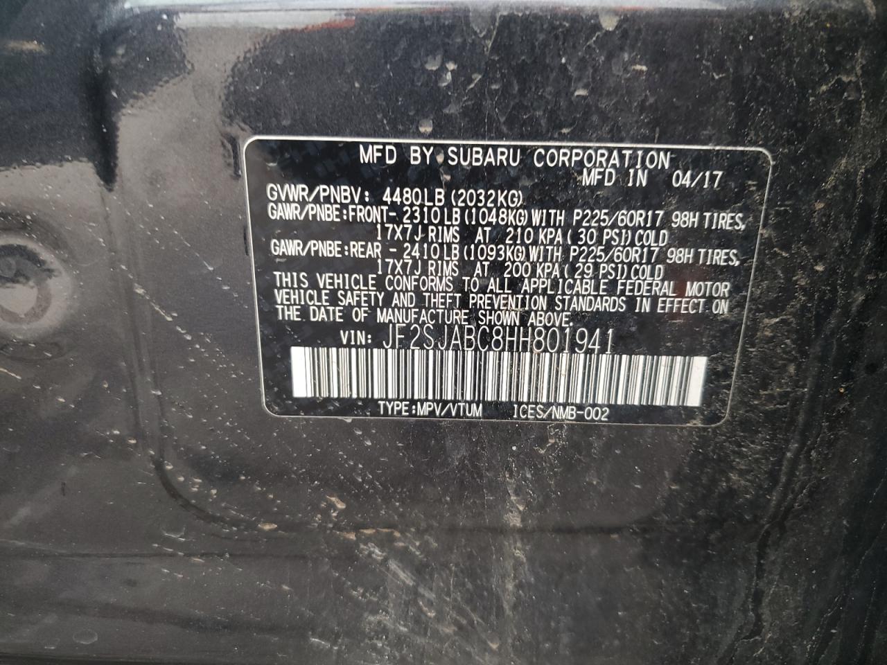 JF2SJABC8HH801941 2017 Subaru Forester 2.5I