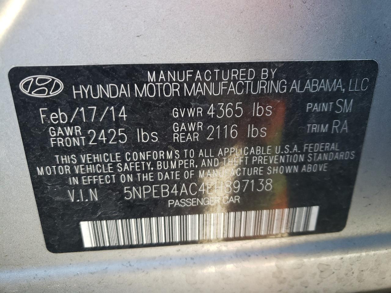 2014 Hyundai Sonata Gls vin: 5NPEB4AC4EH897138