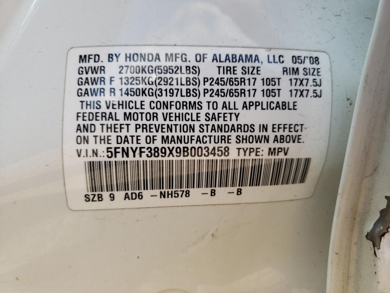 5FNYF389X9B003458 2009 Honda Pilot Touring