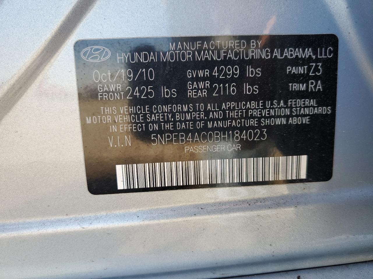 5NPEB4AC0BH184023 2011 Hyundai Sonata Gls