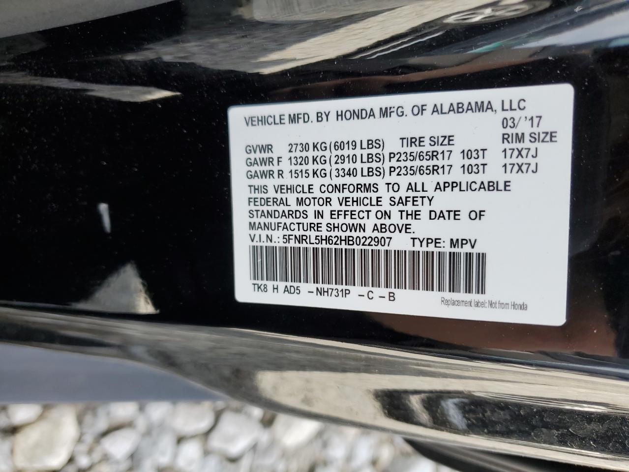 5FNRL5H62HB022907 2017 Honda Odyssey Exl