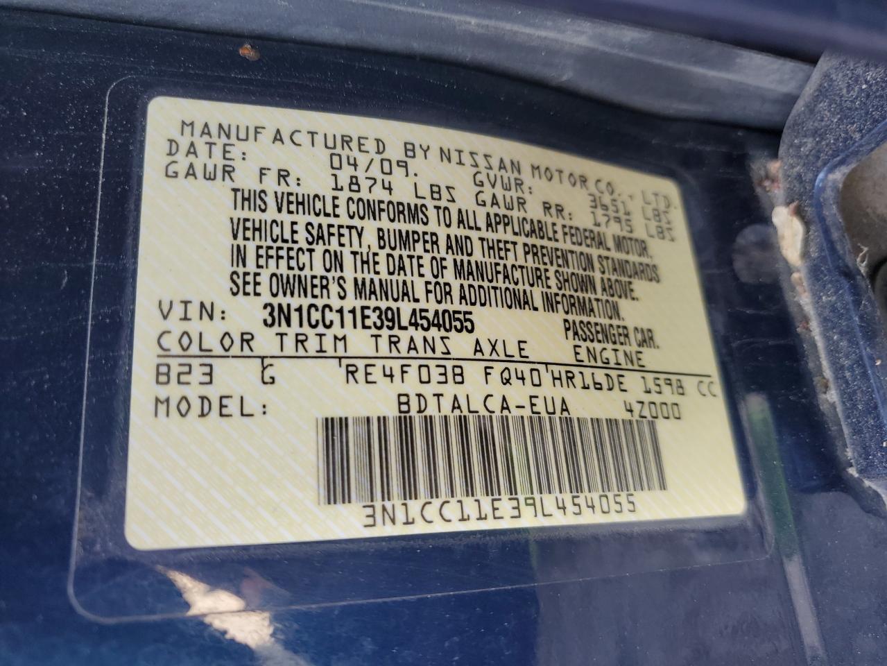 3N1CC11E39L454055 2009 Nissan Versa S