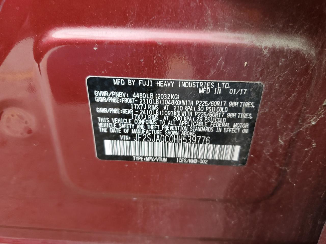 JF2SJAGC0HH539776 2017 Subaru Forester 2.5I Premium