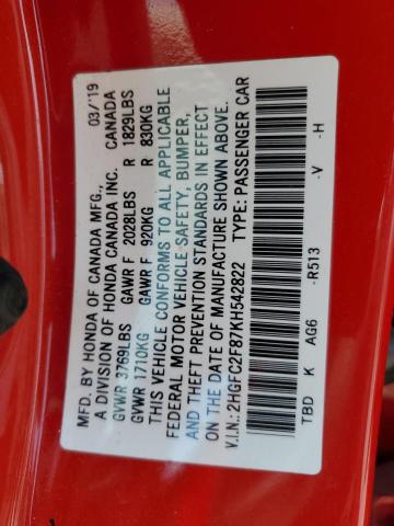 2019 Honda Civic Sport VIN: 2HGFC2F87KH542822 Lot: 54193594