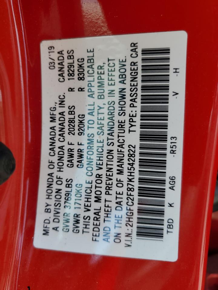 2HGFC2F87KH542822 2019 Honda Civic Sport
