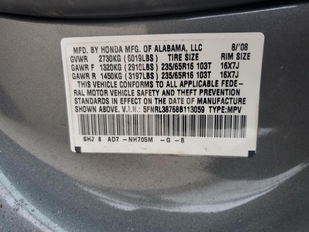 5FNRL38768B113059 2008 Honda Odyssey Exl