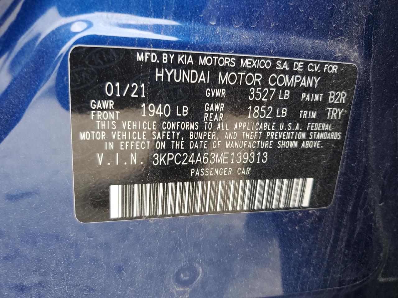 3KPC24A63ME139313 2021 Hyundai Accent Se