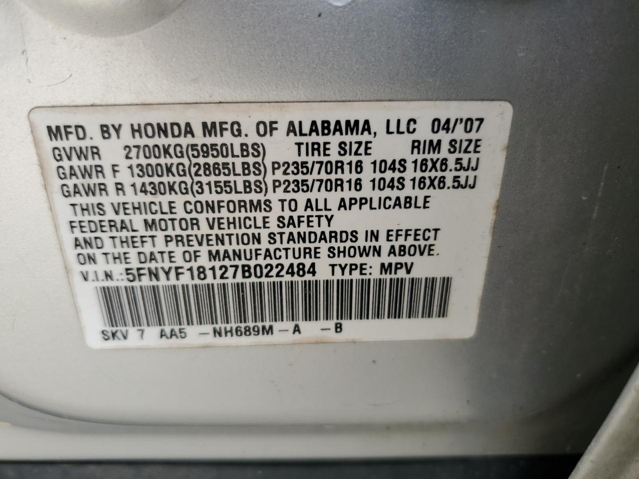 5FNYF18127B022484 2007 Honda Pilot Lx