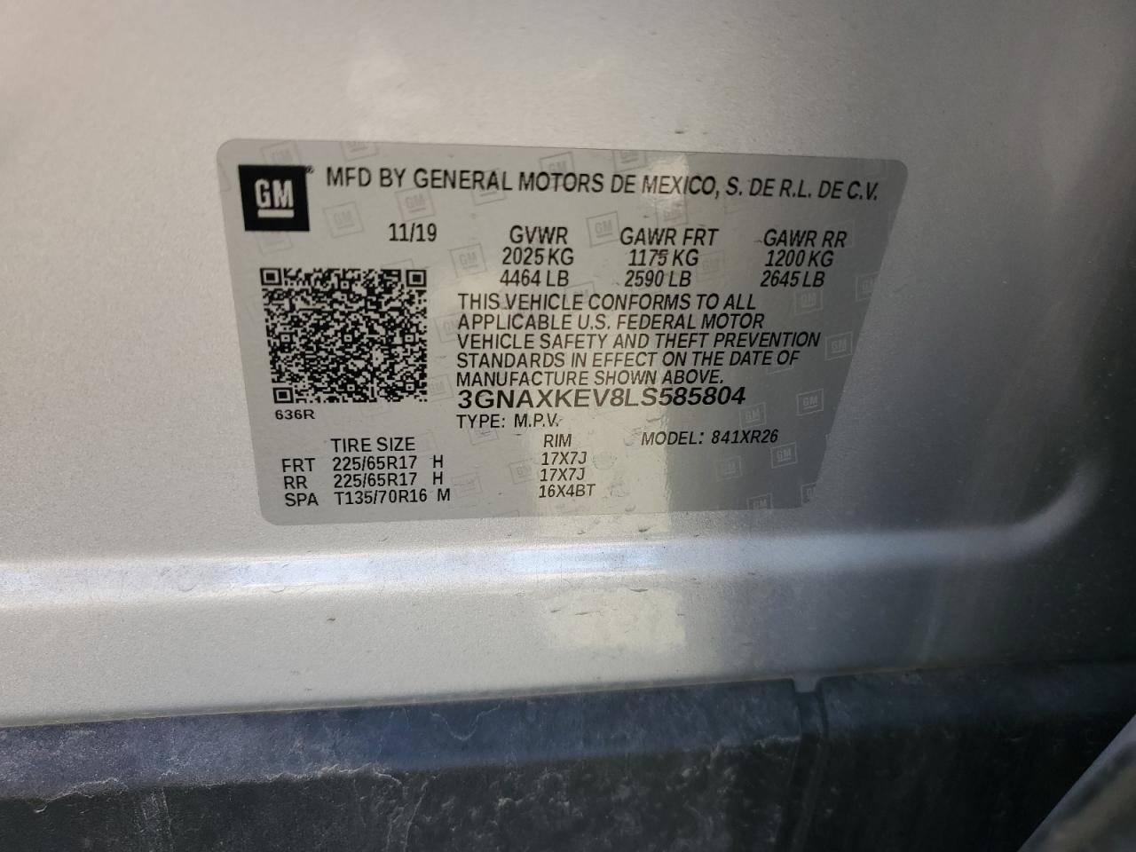 3GNAXKEV8LS585804 2020 Chevrolet Equinox Lt