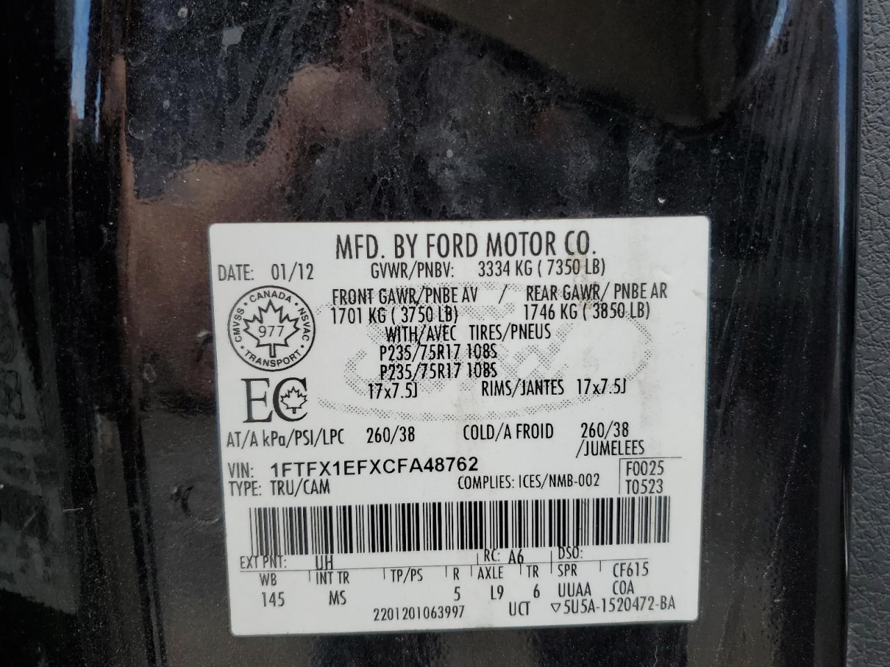 1FTFX1EFXCFA48762 2012 Ford F150 Super Cab