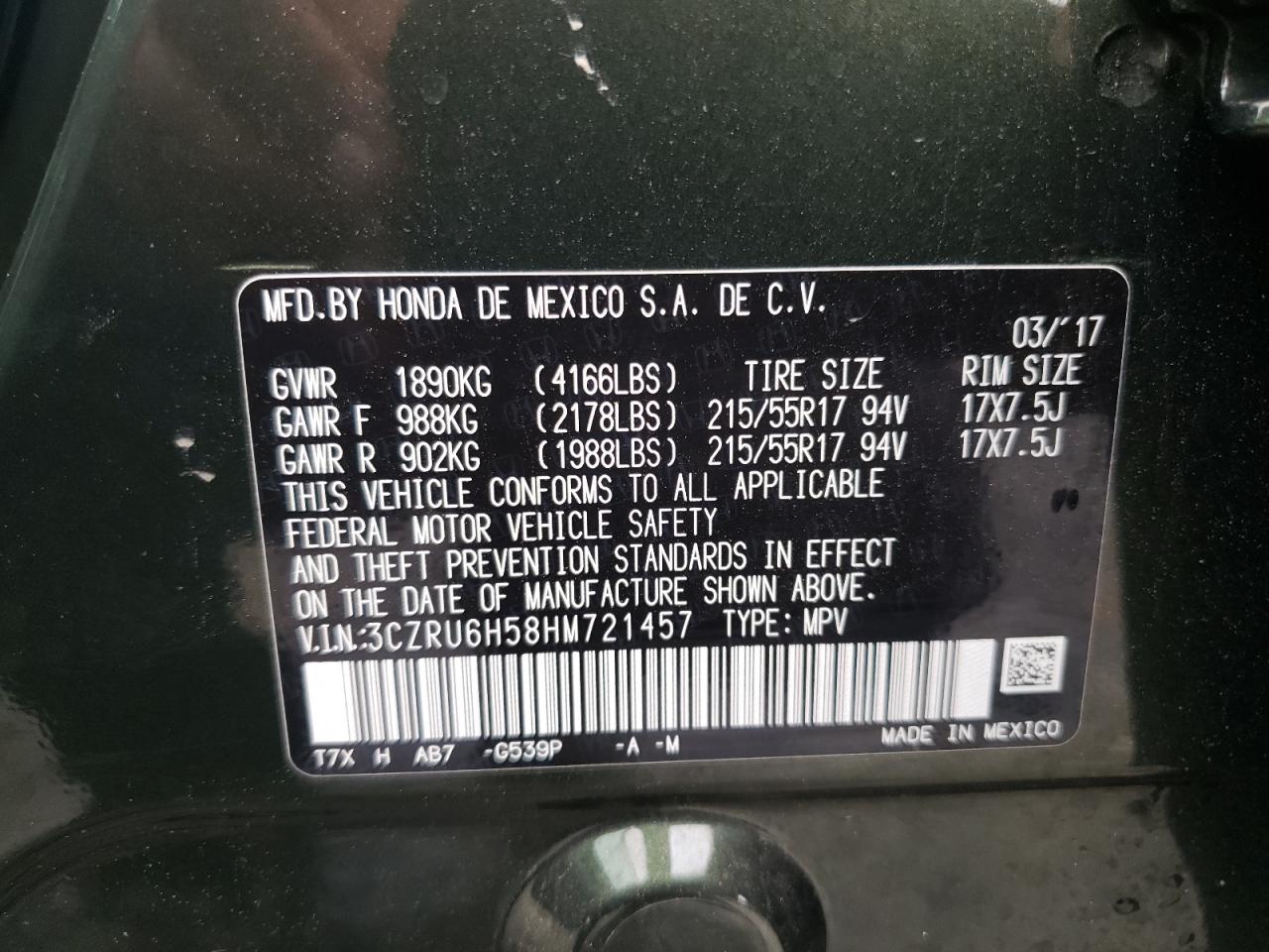 3CZRU6H58HM721457 2017 Honda Hr-V Ex